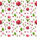 Seamless pattern tulip flower, pollen and leaves on white background